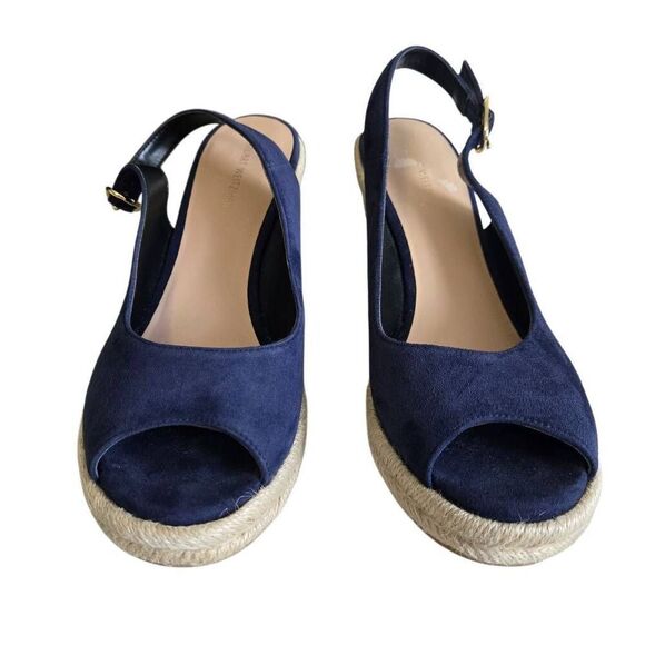 Stuart Weitzman Jean Blue Suede Slingback Cork Wedge Heel Sandal Size 8 - Picture 4 of 14